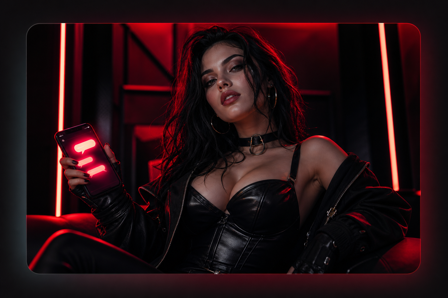 Confident AI girlfriend persona with red studio lighting